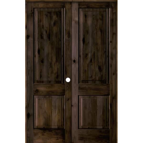 Krosswood Doors 56 in. x 96 in. Rustic Knotty Alder 2-Panel Square Top Left-Handed Black Stain Wood Prehung Interior Double Door