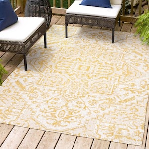 Estrella Bohemian Medallion Textured Weave Cream/Yellow 5 ft. x 8 ft. Indoor/Outdoor Area Rug