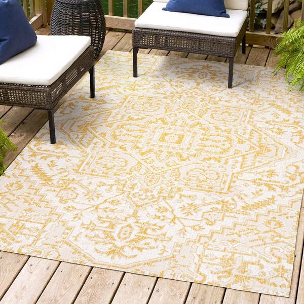 JONATHAN Y Estrella Bohemian Medallion Textured Weave Cream/Yellow 5 ft. x 8 ft. Indoor/Outdoor Area Rug