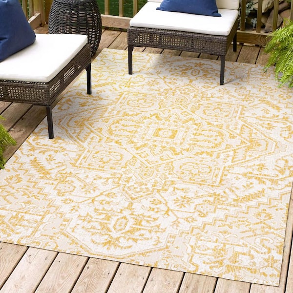 JONATHAN Y Estrella Bohemian Medallion Textured Weave Cream/Yellow 9 ft. x 12 ft. Indoor/Outdoor Area Rug