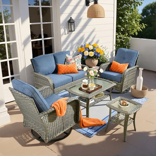 Gray 5-Piece Swivel Wicker Outdoor Lounge Chair Sofa Set with Denim Blue Cushions & 2 Table for Patio, Garden (2-Pack)