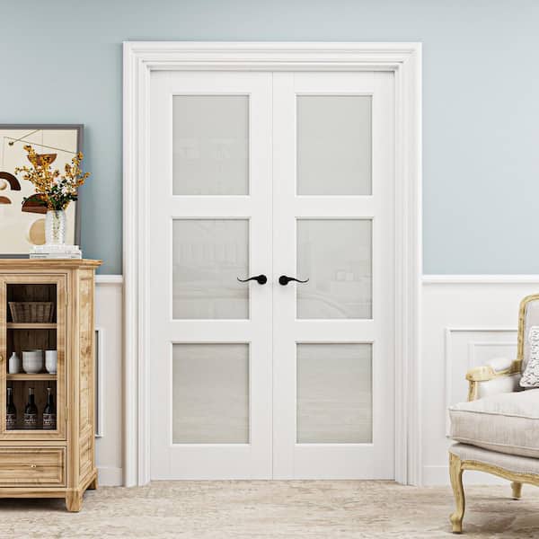 48 in. x 80 in. 3-Lite Frosted Glass Universal White Solid Core Wood Double Prehung French Door+ Quick Assemble Jamb