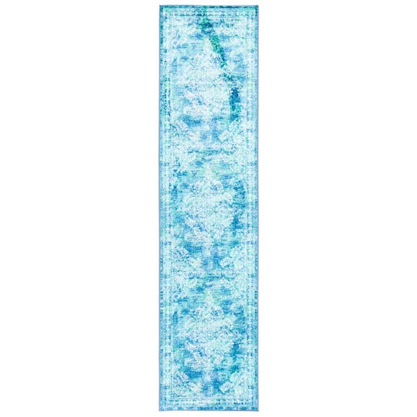 SAFAVIEH Bahia Blue/Green 2 ft. x 9 ft. Machine Washable Distressed Floral Runner Rug