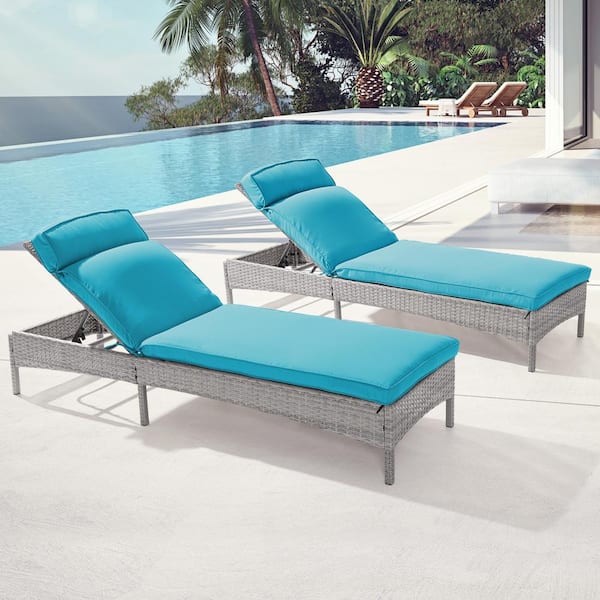 Sonkuki Outdoor Patio Wicker Chaise Lounge Chairs with Adjustable Inclination Angles, Lake Blue Cushion