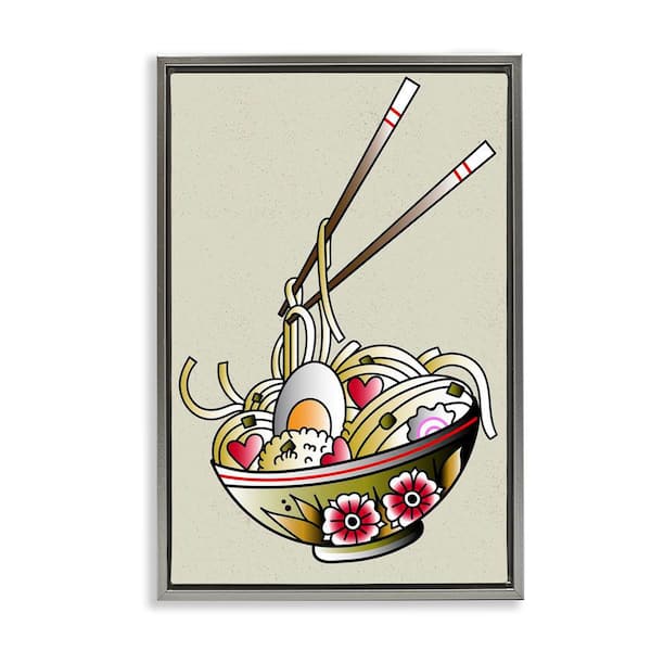 Tattoo Style Ramen Bowl by Incado Gray Floater Frame Food Graphic Art Print 25 in. x 17 in.