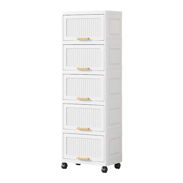FUNKOL 10 in. W x 15 in. D x 46 in. H Ready to Assemble Floor Base 5-Layers Flip Open Storage Kitchen Cabinet White with Wheels