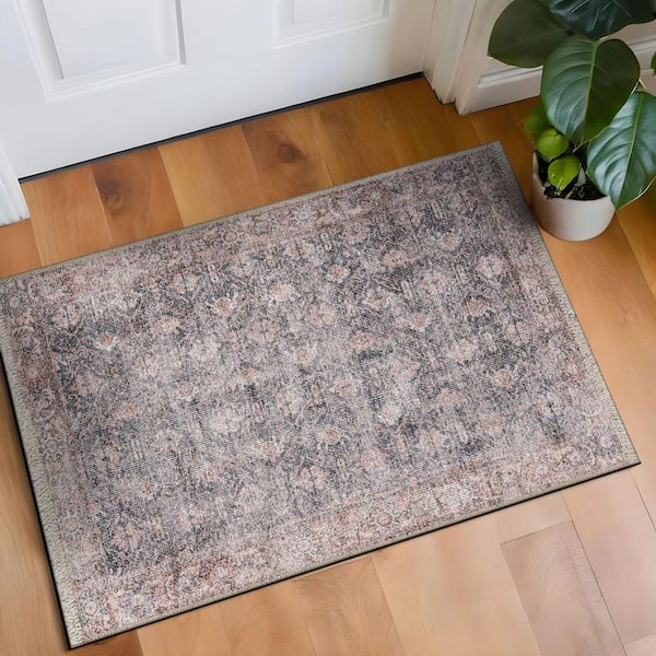 Vintage Inspired Bordered Machine Washable Charcoal 2 ft. x 3 ft. Area Rug