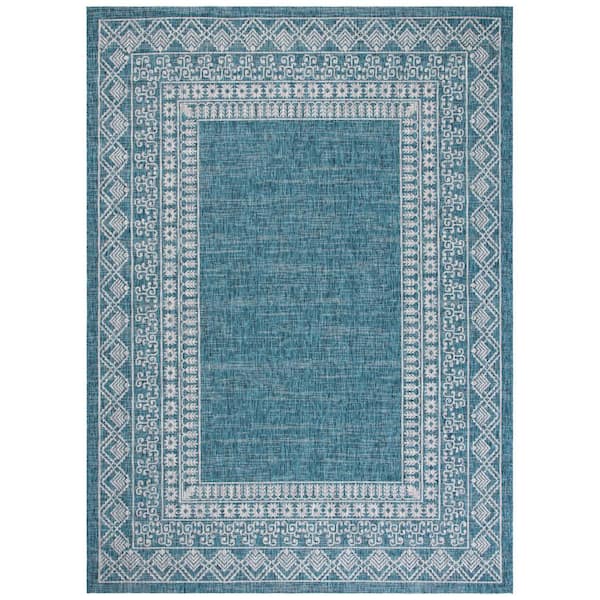 Courtyard Blue/Gray 8 ft. x 11 ft. Border Ornate Indoor/Outdoor Area Rug
