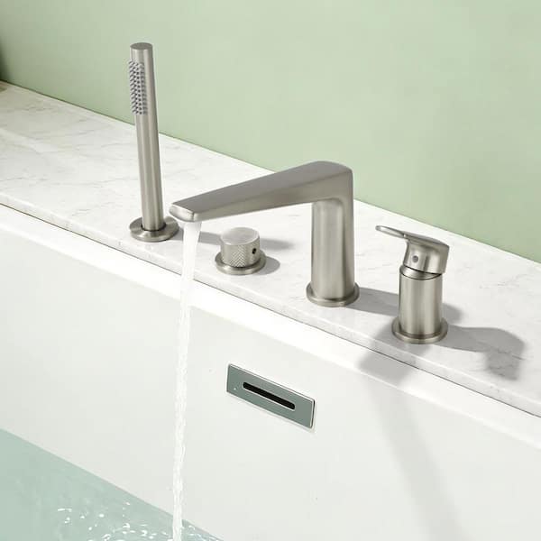 2 Handle Deck-Mount Roman Tub Faucet with Hand Shower in Brushed