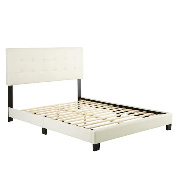 Roma Upholstered Tufted Faux Leather Platform Bed Frame with Bonus Base Wooden Slat System, Full, White
