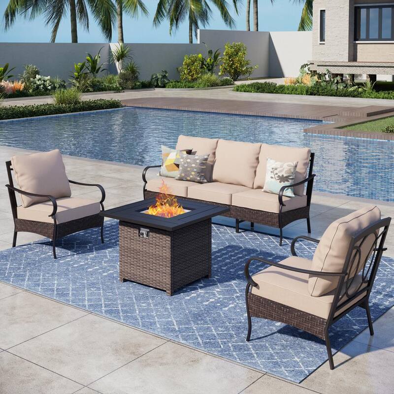 Black Rattan 4-Piece Steel Outdoor Patio Conversation Set with Beige Cushions & Square Wicker Fire Pit Table