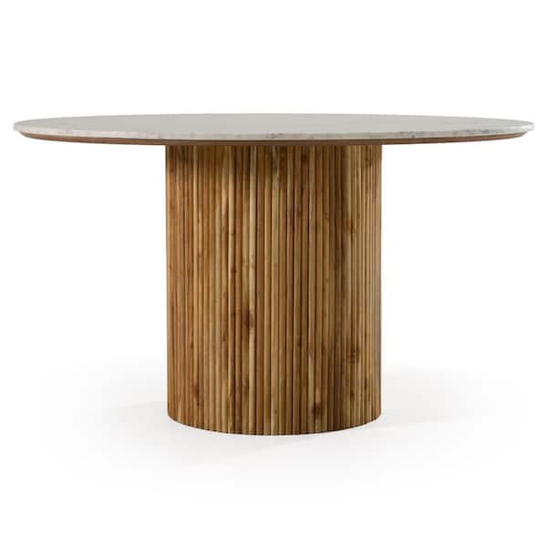 Modrest Shirley Modern White and Natural Acacia Marble 51 in. Pedestal Dining Table Seats 4