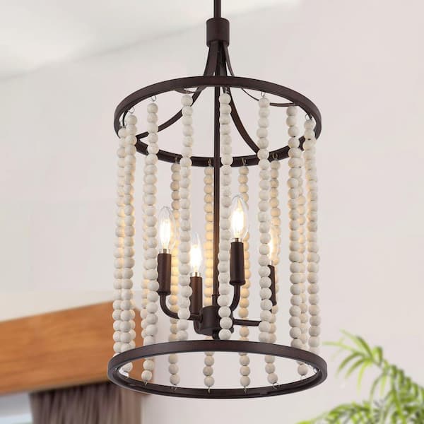 12.6 in. 4-Light Farmhouse Rustic Bronze Dining Room Chandelier with Wood Beads, Transitional Kitchen Island Chandelier
