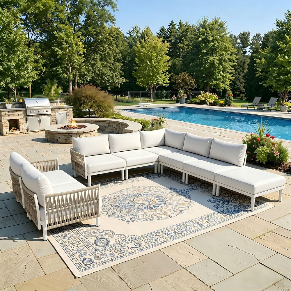 8-piece Aluminum Outdoor Sectional Set with Modular Design 30.7 in. Deep Oversized Sectional Sofa Beige Cushions Pillows price history on PriceWatchPro