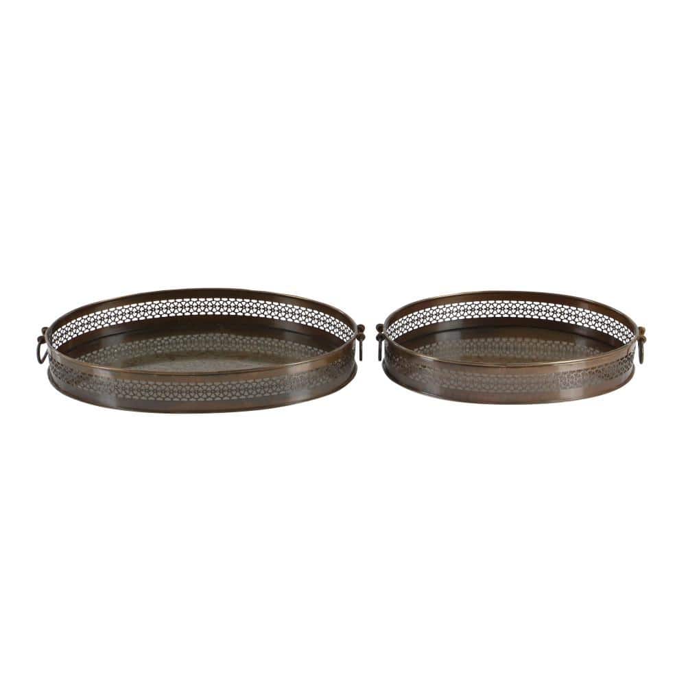 Brown Metal Oval Decorative Trays with Cut Out Design, Set of 2