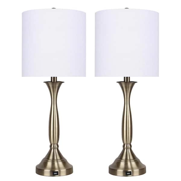 GRANDVIEW GALLERY 25.5 in. Antique Soft Brass Table Lamps with USB Port in Base and Off-White Linen Shades (2-Pack)