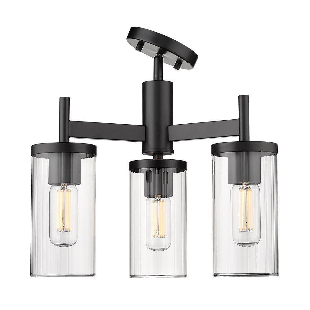 Winslett Matte Black 17" Ribbed Glass 3-Light Semi-Flush