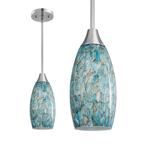 60 -Watt 1 Light Blue Adjustable Rods Medium Pendant Light with Hand Blown Glass Shade, No Bulbs Included