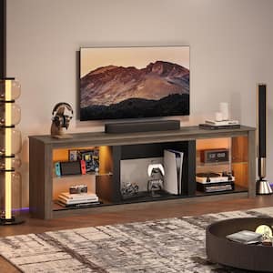 70 in. Wash Grey TV Stand Fits TV's up to 75 in. with Tempered Glass Shelves LED Lights and Large Open Storage