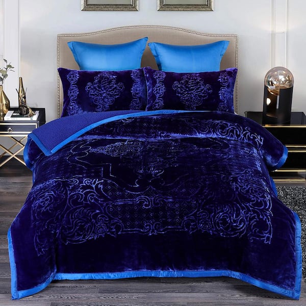 3-Pieces Navy Sherpa Fleece Blanket 79 in. x 91 in.  with 2-Pillow Sham 20 in. x 30 in.