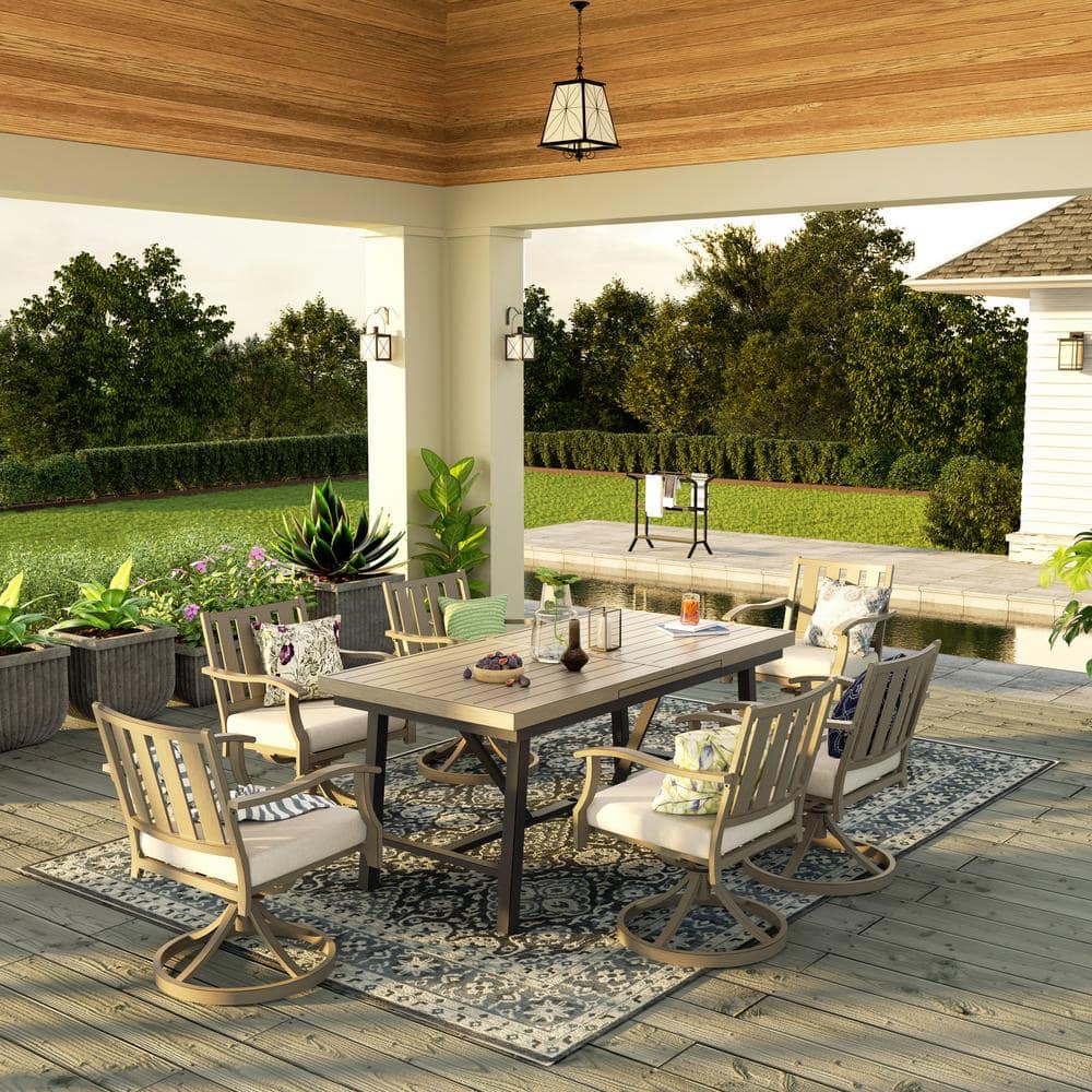 AZUR 7-Piece Aluminum Outdoor Dining Set with Beige Sunbrella Cushions, Extendable Table, 6-Swivel Dining Chairs