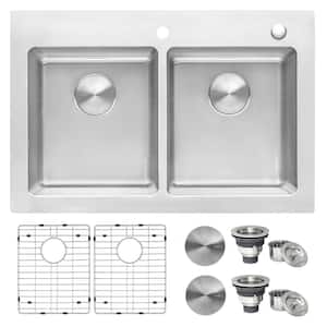 16-Gauge Stainless Steel 33 in. 50/50 Double Bowl Drop-in Workstation Kitchen Sink