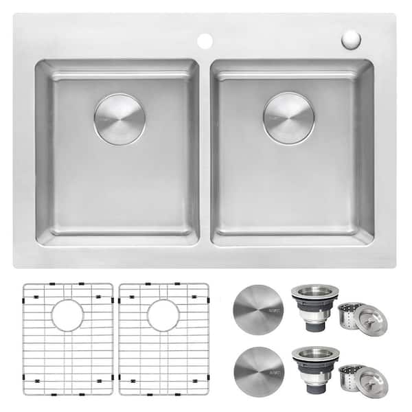 Ruvati 16-Gauge Stainless Steel 33 in. 50/50 Double Bowl Drop-in Workstation Kitchen Sink