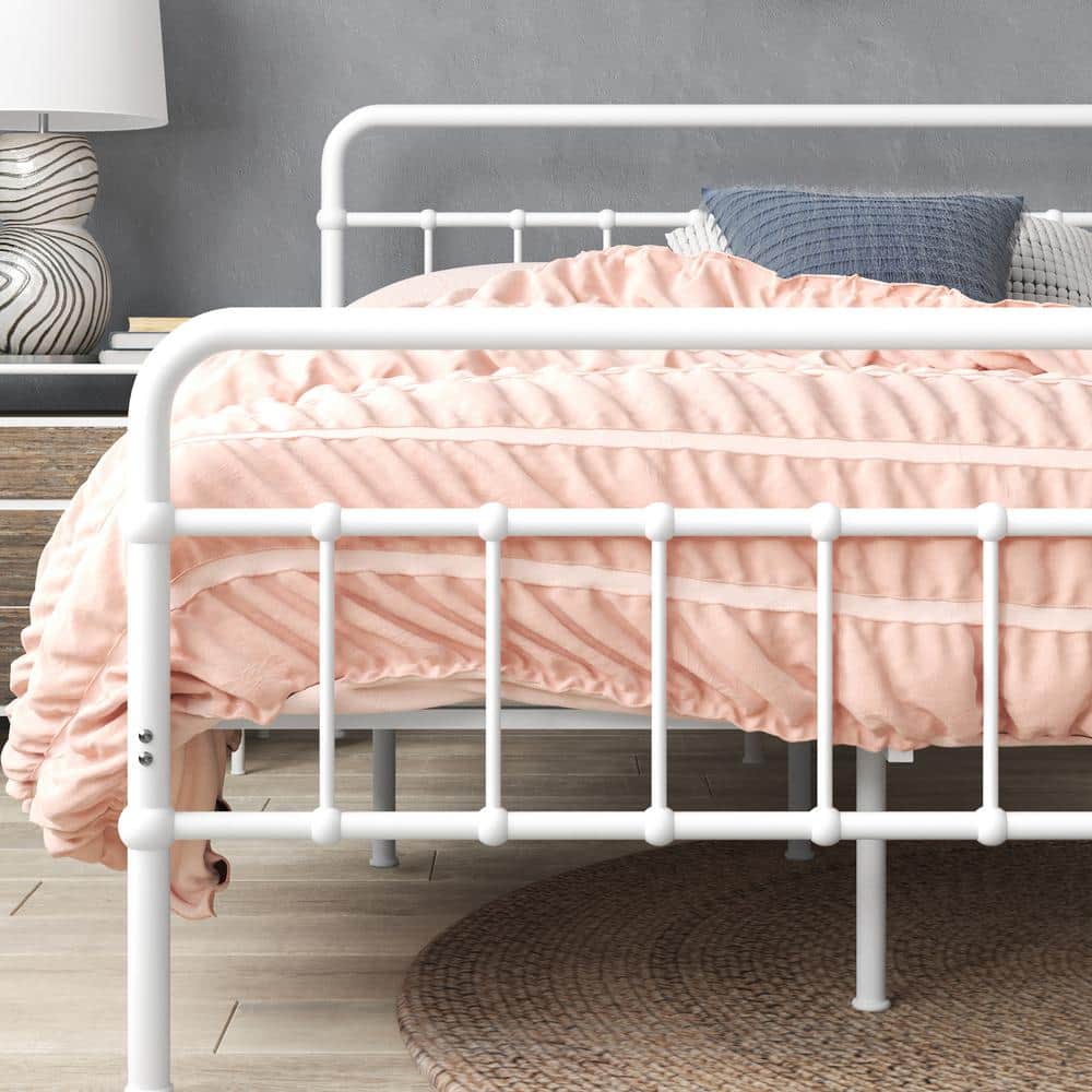 Florence White Twin Metal Platform Bed with Spindle Headboard