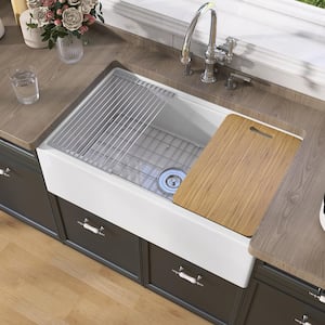 33 in. Apron Front Workstation Rectangular Center Drain White Single Bowl Fireclay Farm Kitchen Sink with Accessories