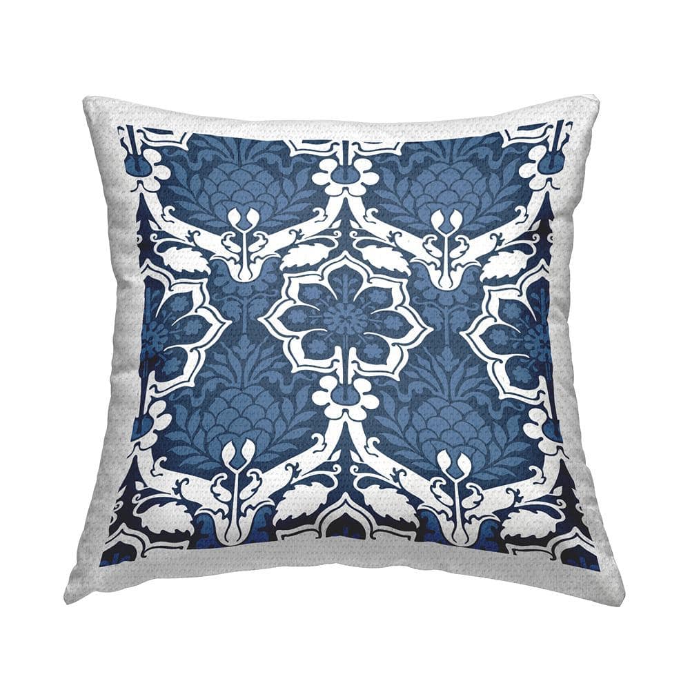 Blue and White Damask Pattern Square Outdoor Throw Pillow