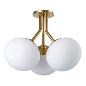 Goouu 17.3-in.W 3-Light Aged Brass Modern Semi-Flush Mount with White Large Frosted Glass Flat Ball Shade for Kitchen