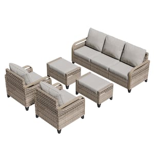 5-Piece Brown Wicker Outdoor Furniture Set Patio Conversation Seating Set with Gray Cushions and 2 Ottomans