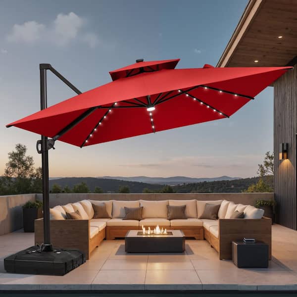 Double Top 11.5 ft. x 9 ft. Aluminum Solar LED Lighted 360° Swivel Patio Cantilever Umbrella in Red with 350 lbs. Base