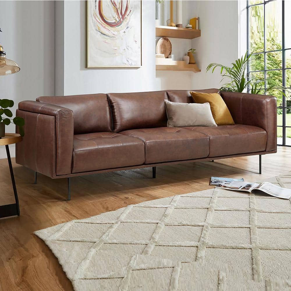 88" Brown Tufted Leather Lawson Sofa with Wood Frame