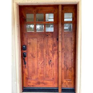 50 in. x 96 in. Craftsman 3-Panel Right-Hand 6-Lite Clear Glass Red Chestnut Wood Prehung Front Door Right Sidelite