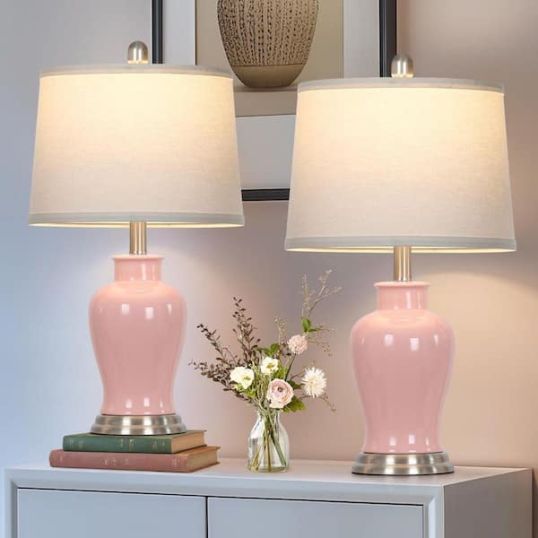 Cinkeda Bedside 23 in. Pink Ceramic Table Lamps Set with Drum