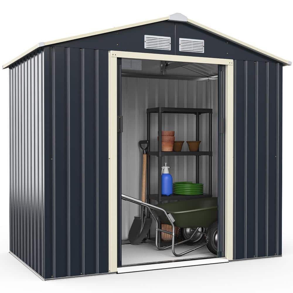 Gray Metal Double Door Peak Roof Storage Shed