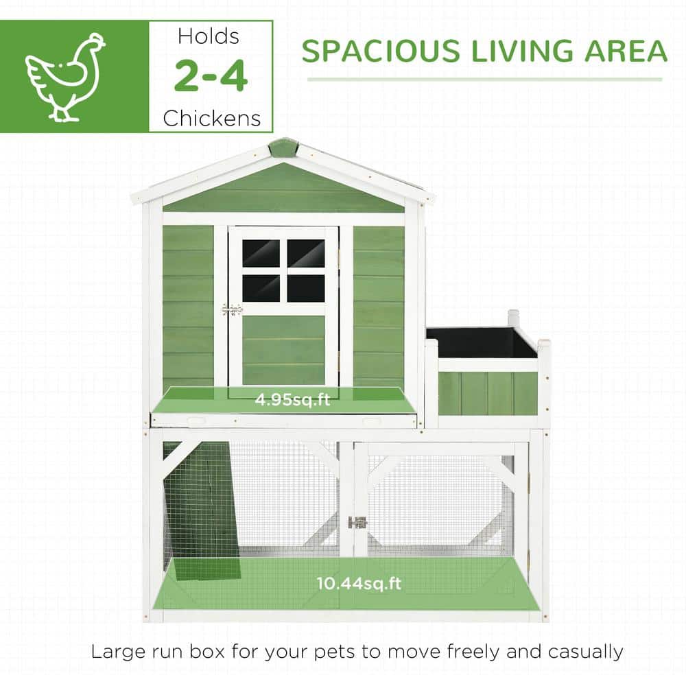 Green and White Wooden Chicken Coop with Planter Box