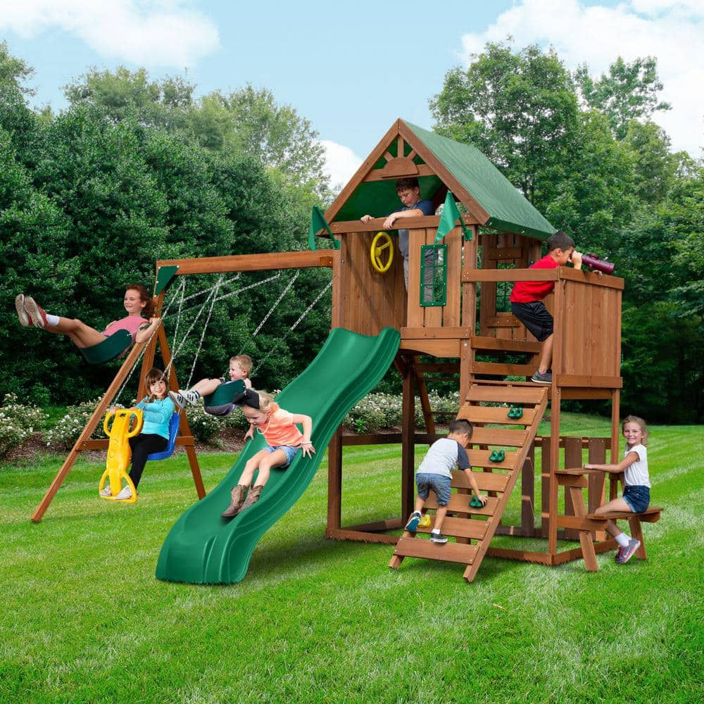 Swing-N-Slide Playsets Knightsbridge Complete Wooden Outdoor Playset with  Rock Wall, Wave Slide, Tarp Roof and Swing Set Accessories PB 9241-1 - The Home  Depot