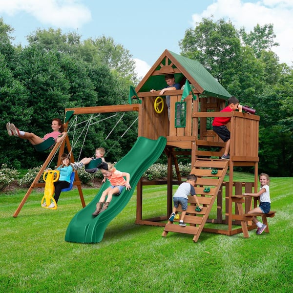 Swing-N-Slide Playsets Knightsbridge Complete Wooden Outdoor Playset with Rock Wall, Wave Slide, Tarp Roof and Swing Set Accessories