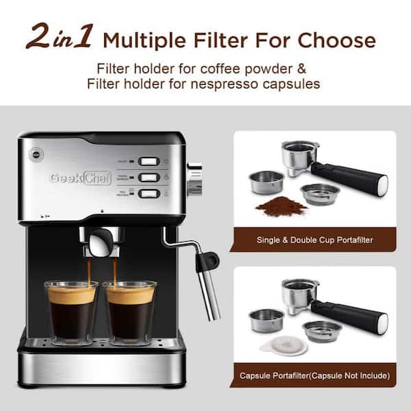 Mr. Coffee Espresso and Cappuccino Machine, Single Serve Coffee Maker with  Milk Frothing Pitcher and Steam Wand, 20 ounces, Stainless Steel,Black