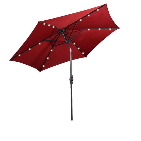 WELLFOR 9 ft. Steel Market Solar Tilt Patio Umbrella with Crank and LED Lights in Burgundy