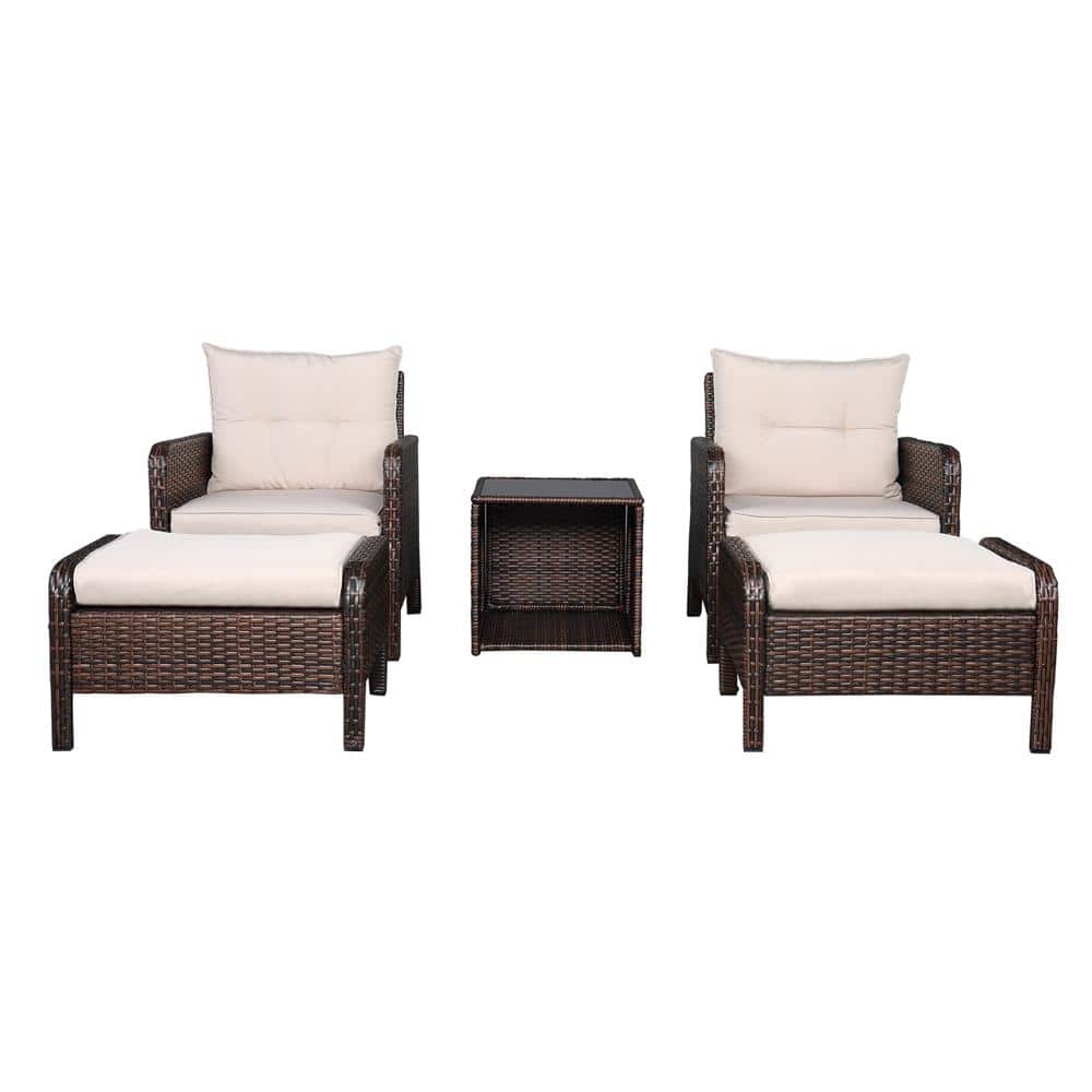 5-Piece Wicker Patio Conversation Set with Beige Cushions