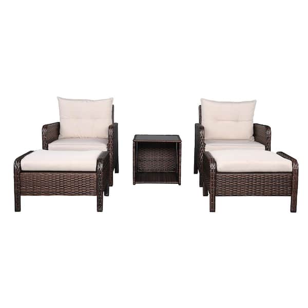 Karl home 5-Piece Wicker Patio Conversation Set with Beige Cushions
