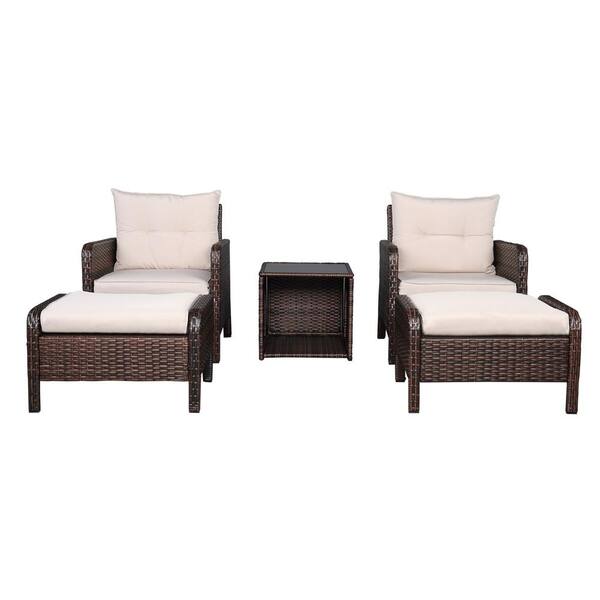 Karl home 5-Piece Wicker Patio Conversation Set with Beige Cushions
