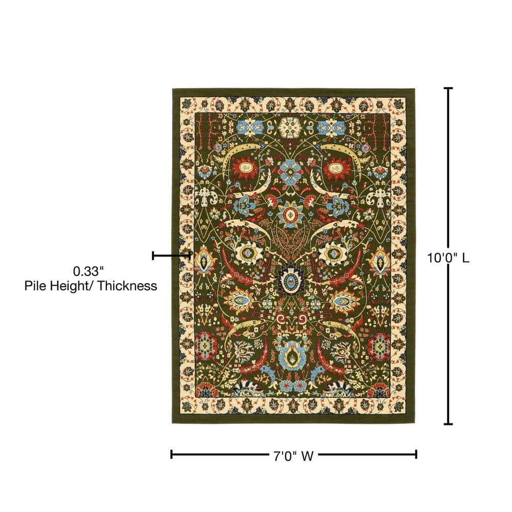 Green and Black Floral Synthetic Rectangular Area Rug