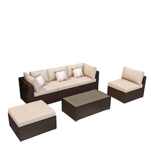 6-Piece Brown Wicker Outdoor Sectional Set with Beige Cushions and Table
