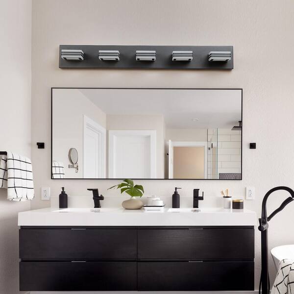 SOLFART Dimmable LED Modern Matt Black Bathroom Vanity Lights Over Mirror 4 Lights Acrylic Bath Wall Lighting