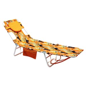 1-Piece Orange Metal Outdoor Chaise Lounge Camping Lawn Chair with Side Pocket and Removable Pillow