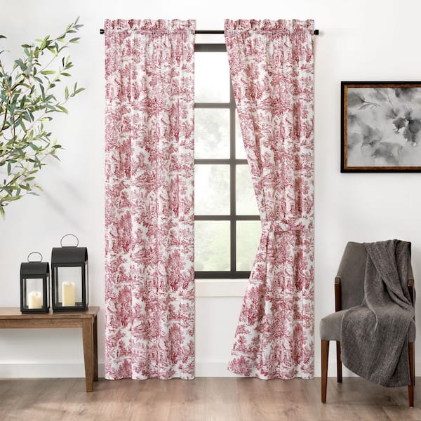 Victoria Park Red Cotton Toile Rod Pocket Room Darkening Curtain - 34 in. W x 84 in. L (Set of 2)
